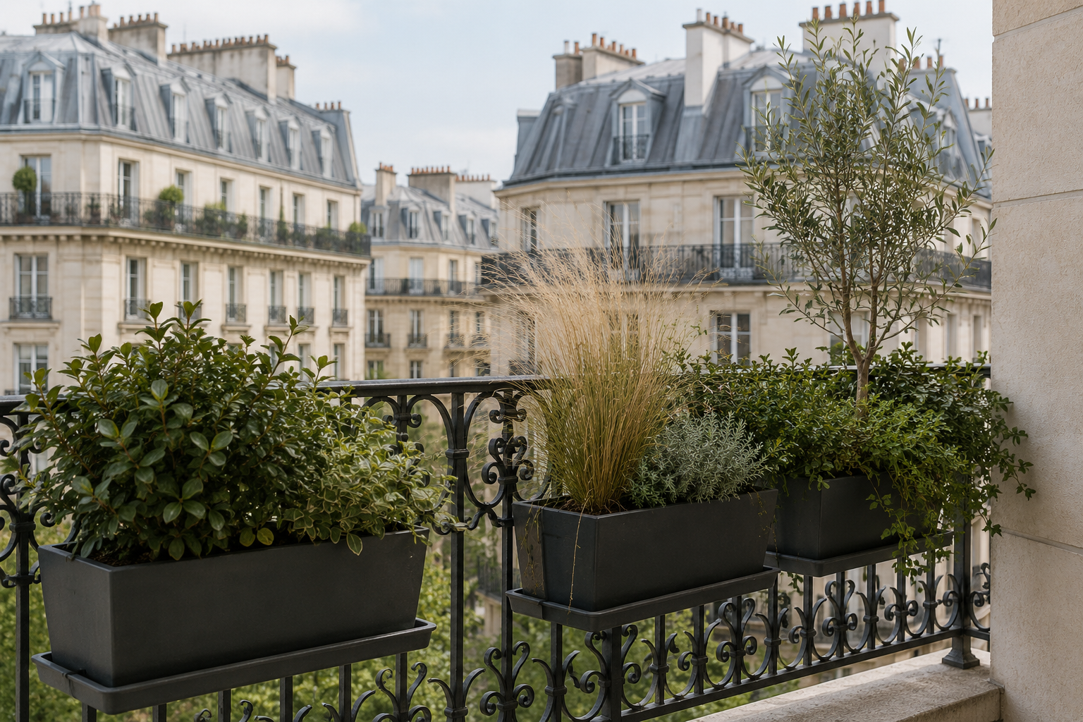 Balcon végétalisé en copropriété à Paris : jardinières côté intérieur et arbustes en bac