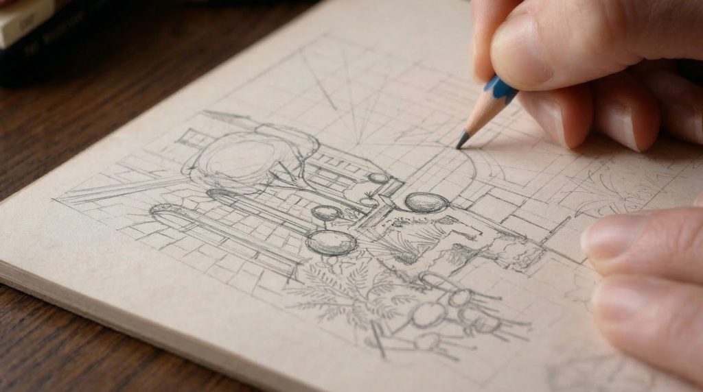 Croquis technique d'un plan de jardin dessiné au bureau d'études d'un paysagiste à Paris