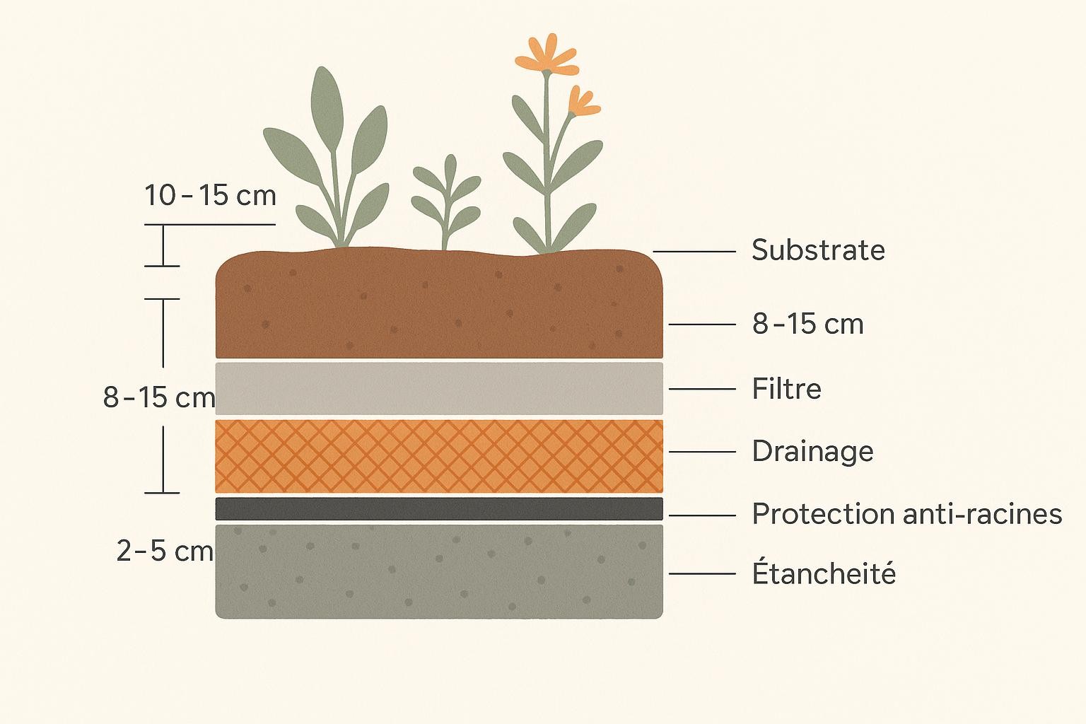 Coupe d'une toiture végétalisée : étanchéité, anti-racines, drainage, filtre, substrat et plantes avec leurs épaisseurs