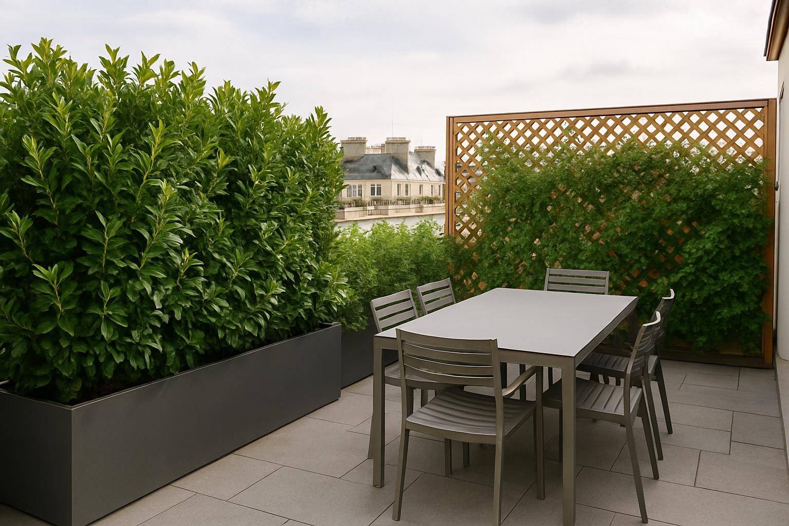 Haie de persistants en bac et claustra ajouré végétalisé servant de brise-vent pour le salon d'un toit-terrasse