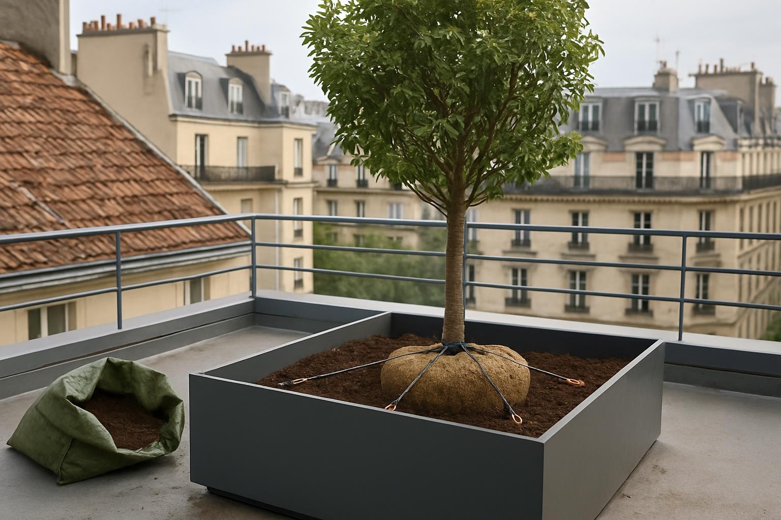 Arbre planté dans un grand bac lesté sur toit-terrasse, motte ancrée sans percer l'étanchéité, à l'abri du vent